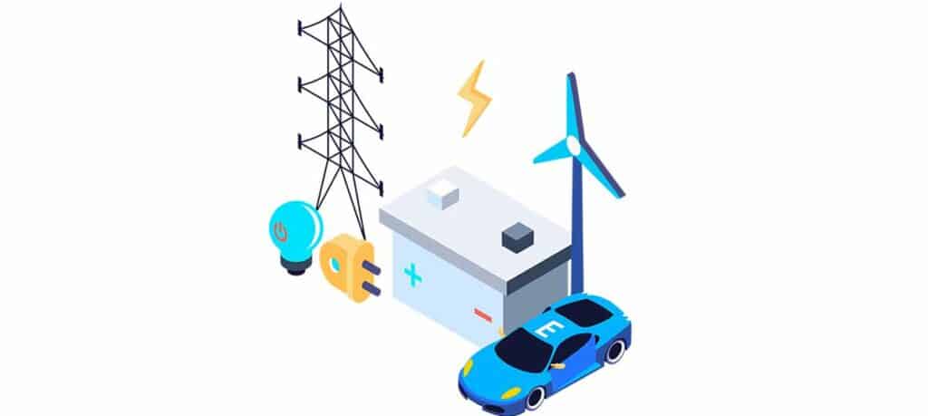 isometric illustration of different energy grid sources to power an electric car and charge batteries