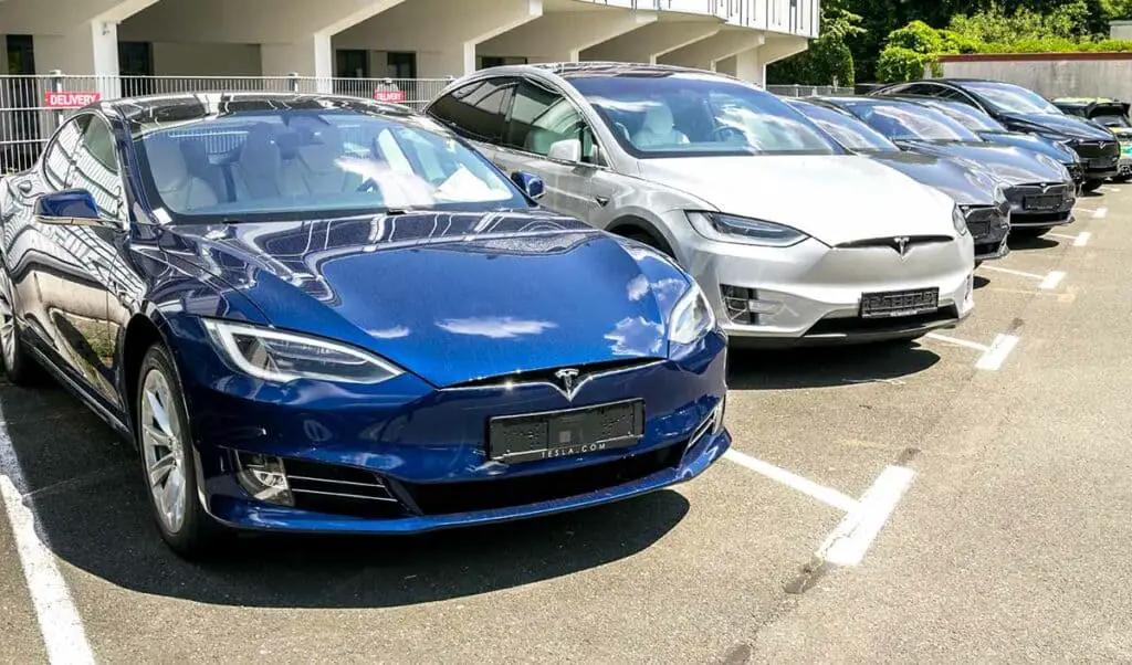 row-of-different-color-tesla-cars-at-tesla-dealership