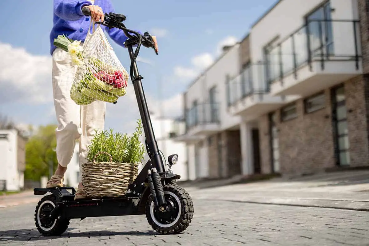 woman going home with fresh vegetables on electric scooter