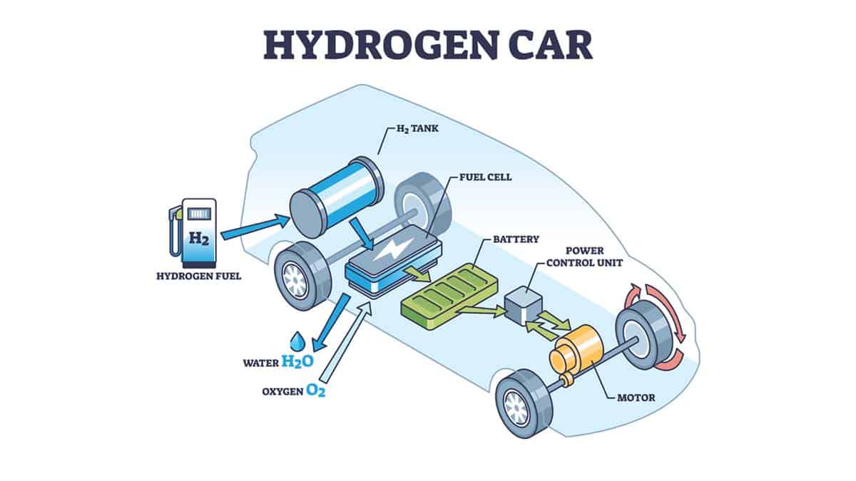 informative and labelled illustration of a hydrogen fuel cell vehicle (FCV)