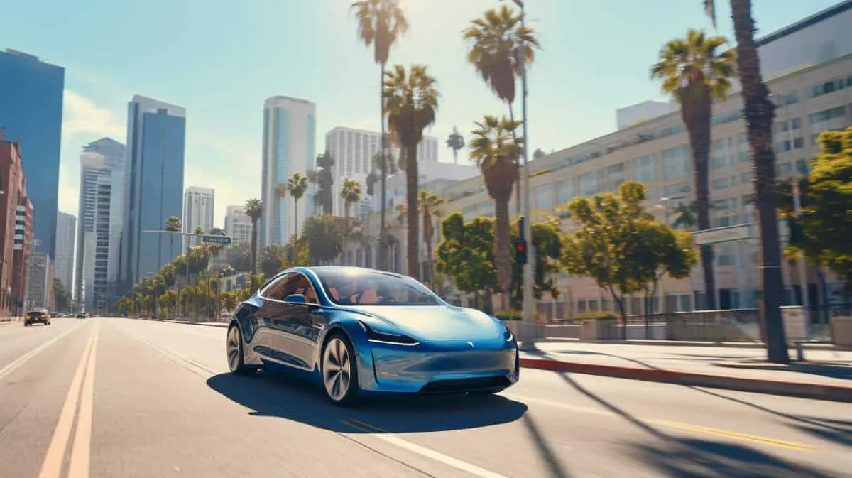 A_sleek_Tesla_electric_car_gliding_through_the_streets of LA