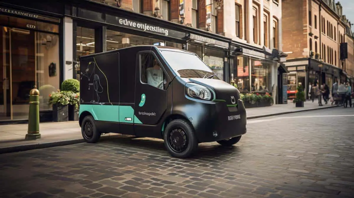 an_electric_delivery_vehicle_in_a_bustling_city_centre making a delivery