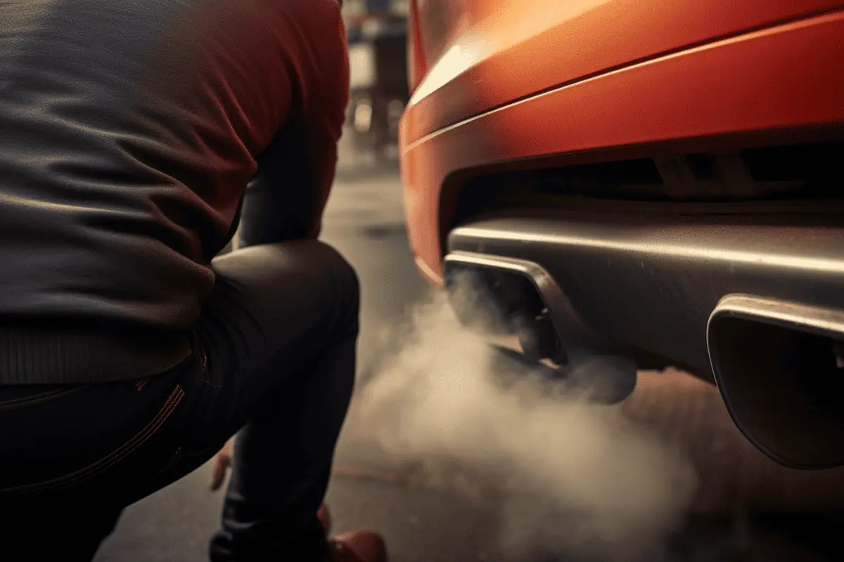 photo of exhaust fumes coming out of car exhaust pipe with a smog inpector kneeling beside it