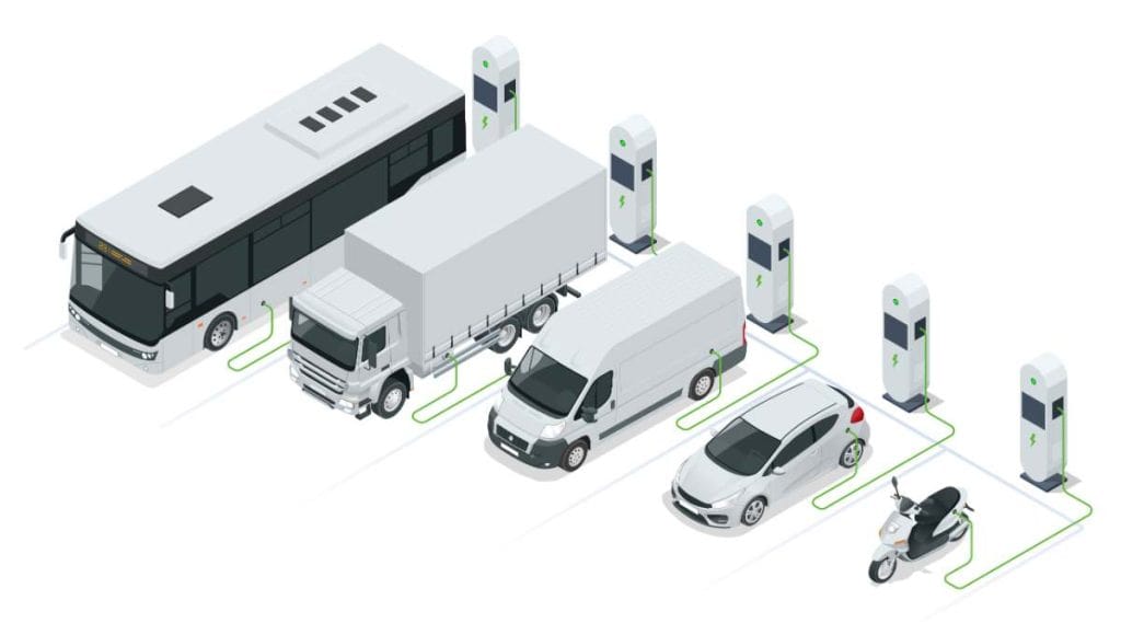 zero emission commercial vehicles lined up at charging stations
