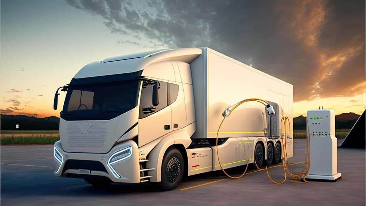 electric semi-truck being charged at charging station