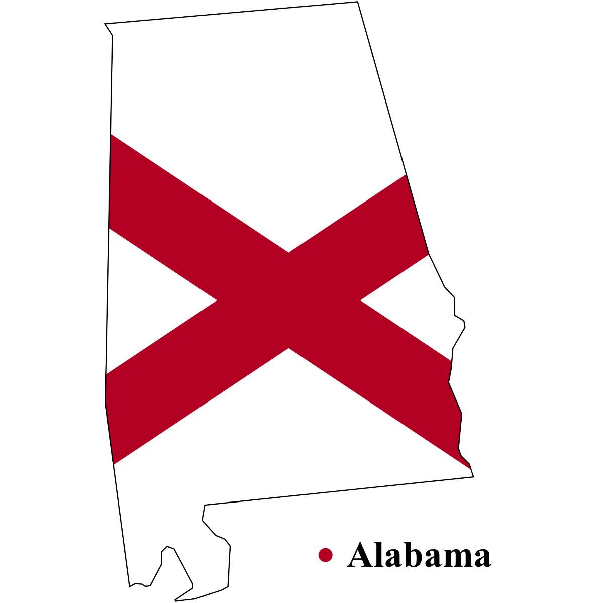 Alabama State map cutout with Alabama flag superimposed