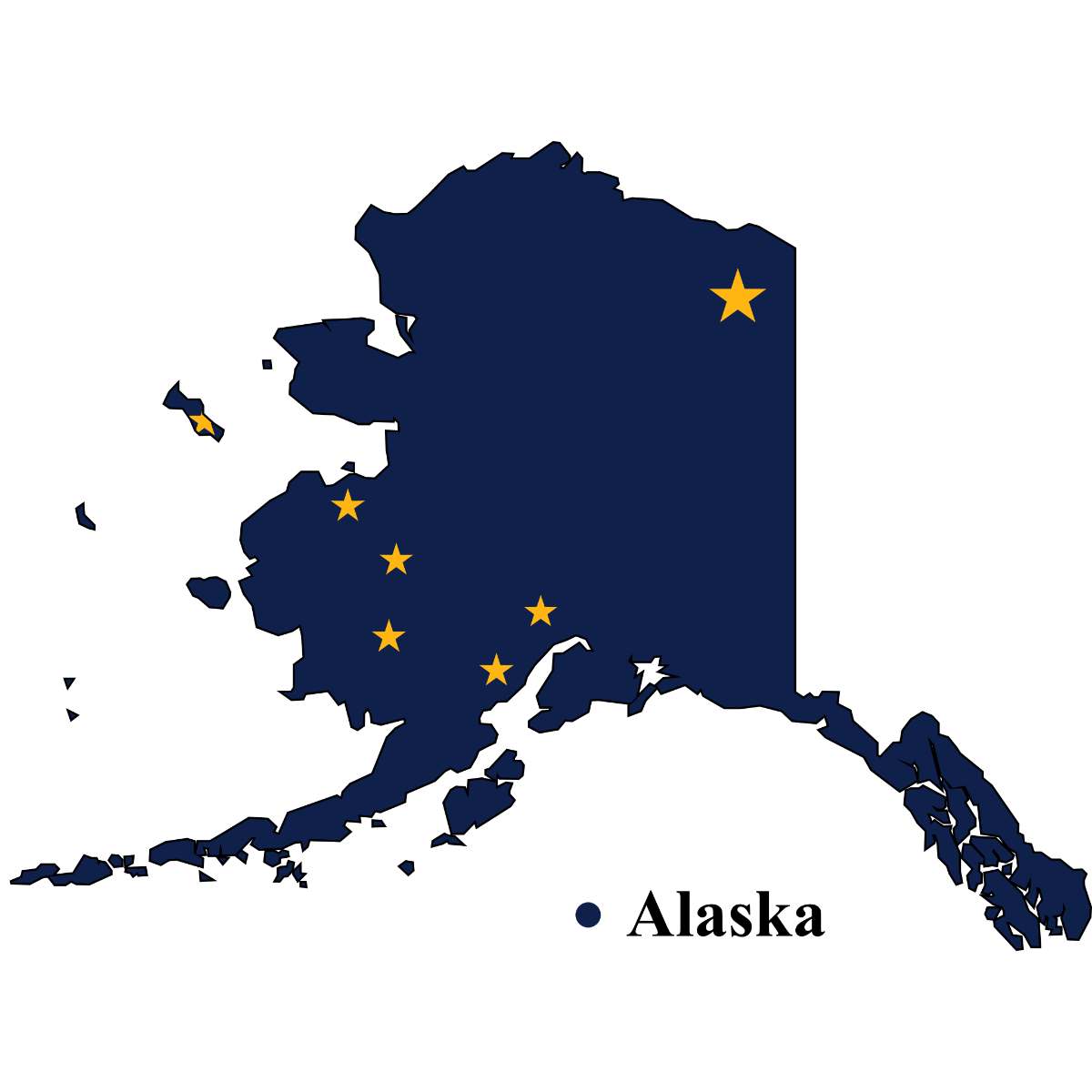 Alaska State map cutout with Alaska flag superimposed