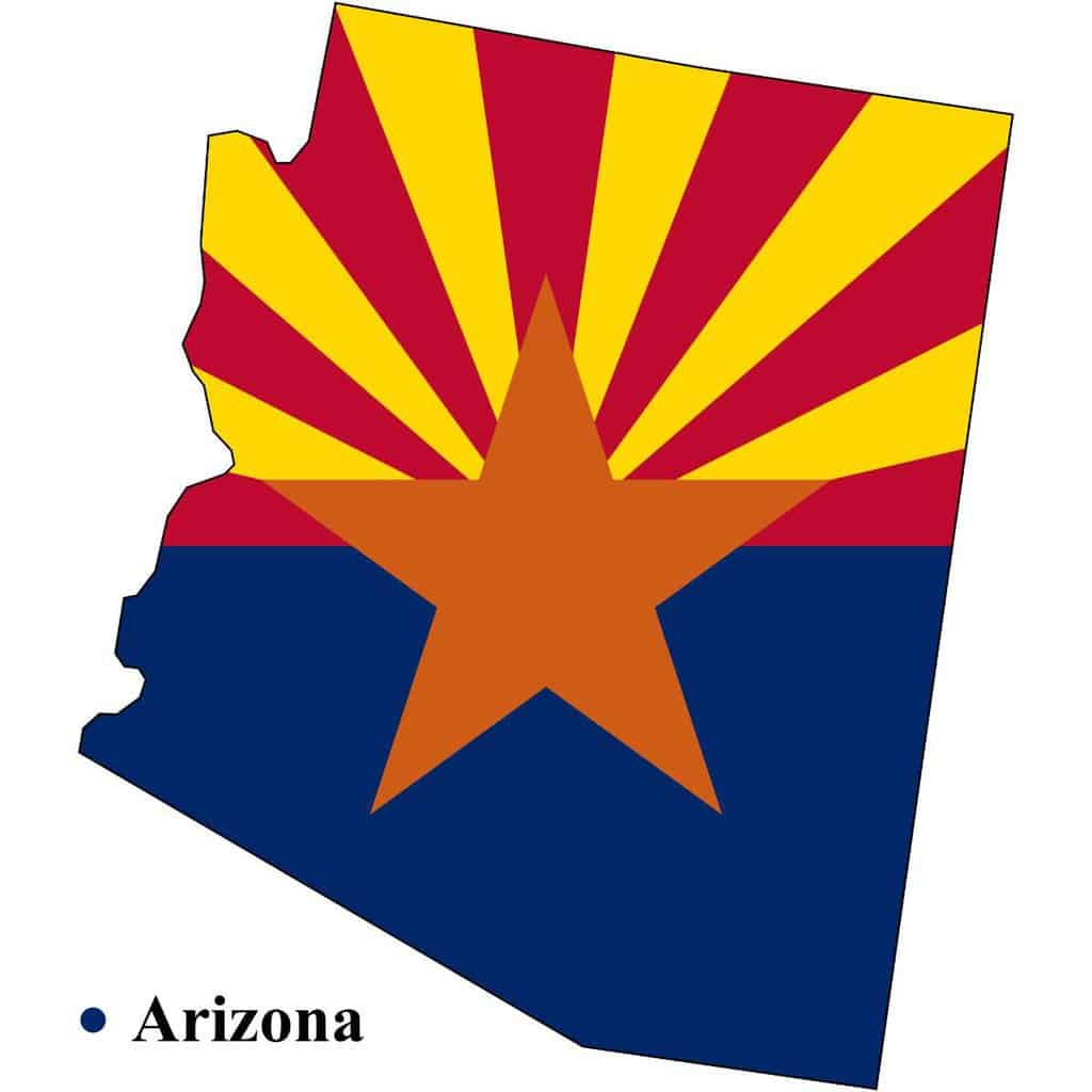 Arizona State map cutout with Arizona flag superimposed