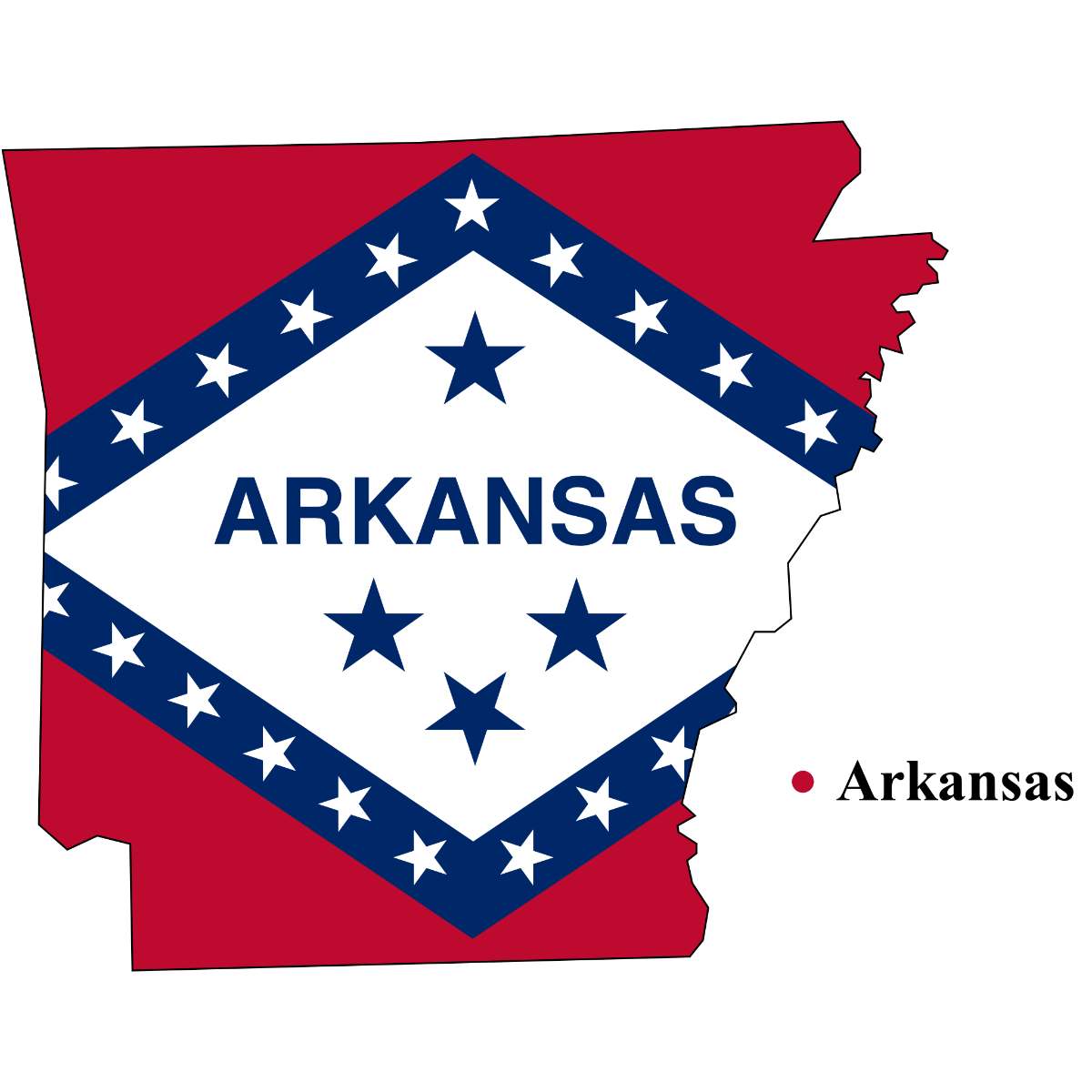 Arkansas State map cutout with Arkansas flag superimposed