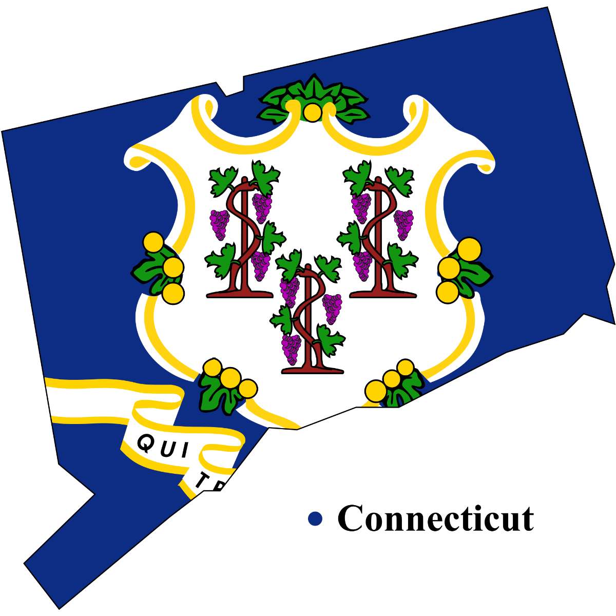 Connecticut State map cutout with Connecticut flag superimposed