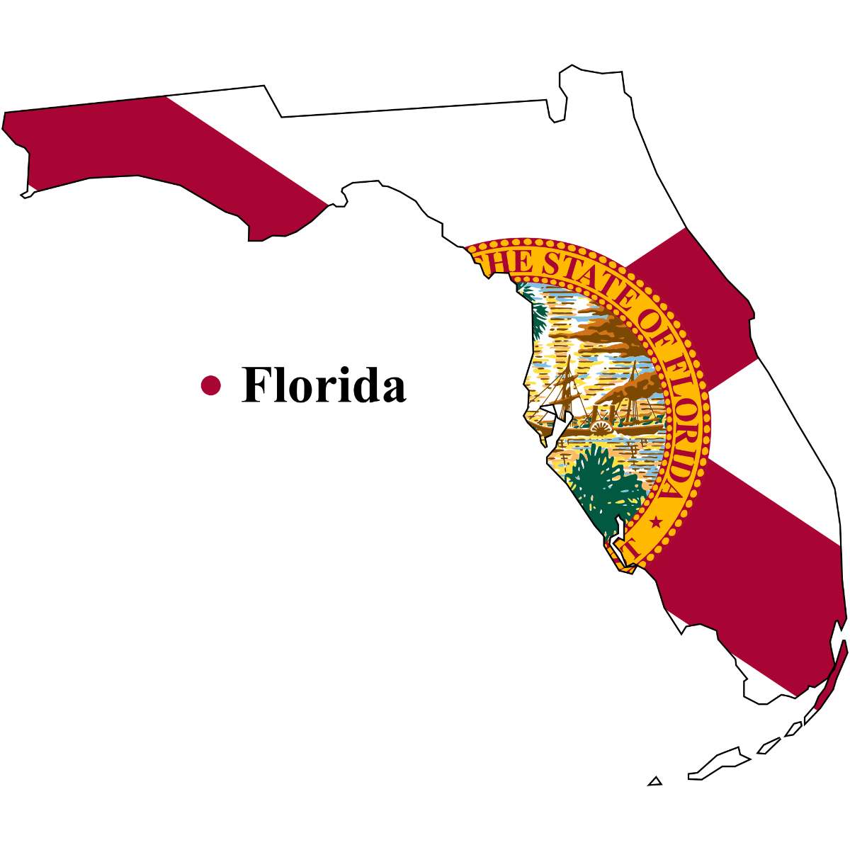 Florida State map cutout with Florida flag superimposed