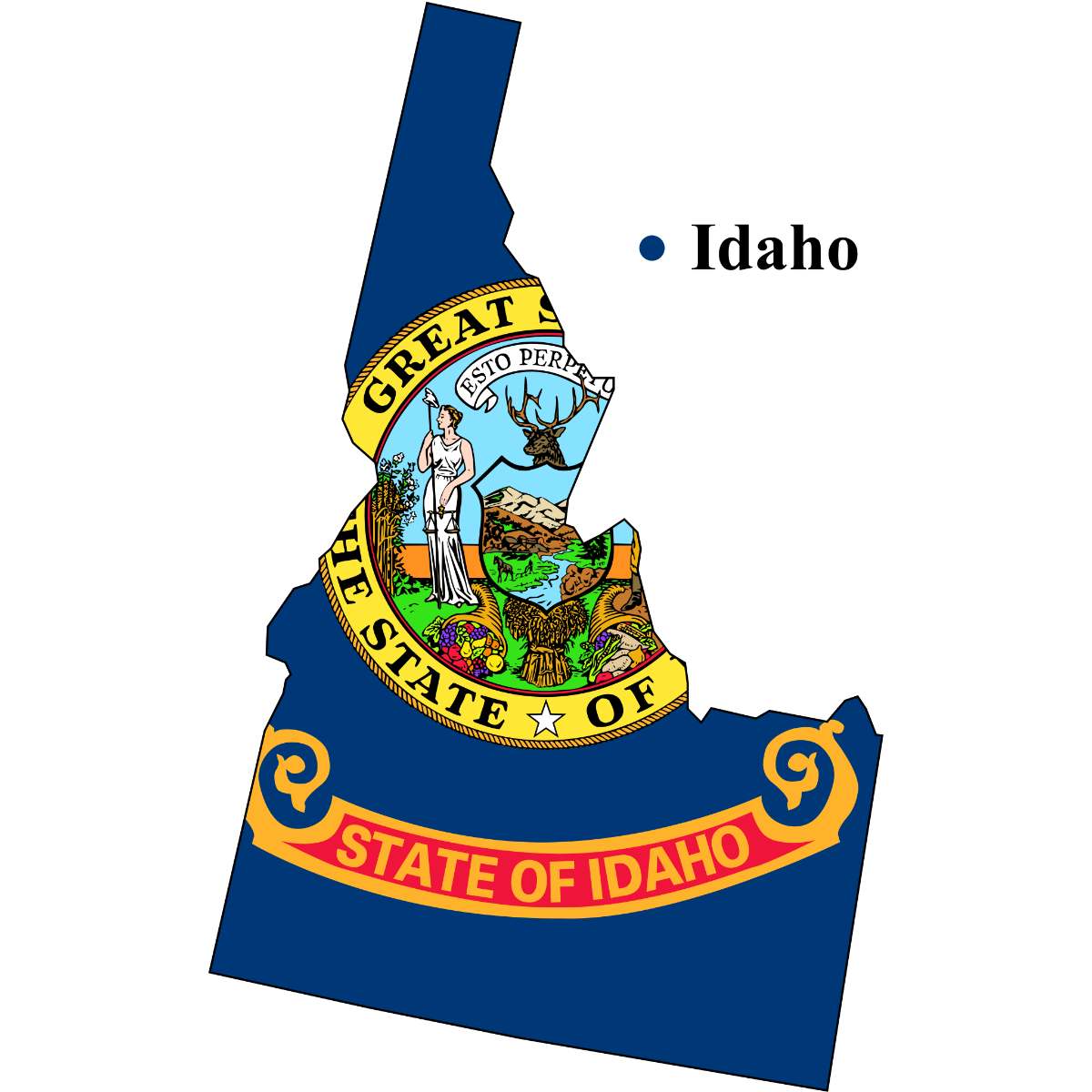 Idaho State map cutout with Idaho flag superimposed