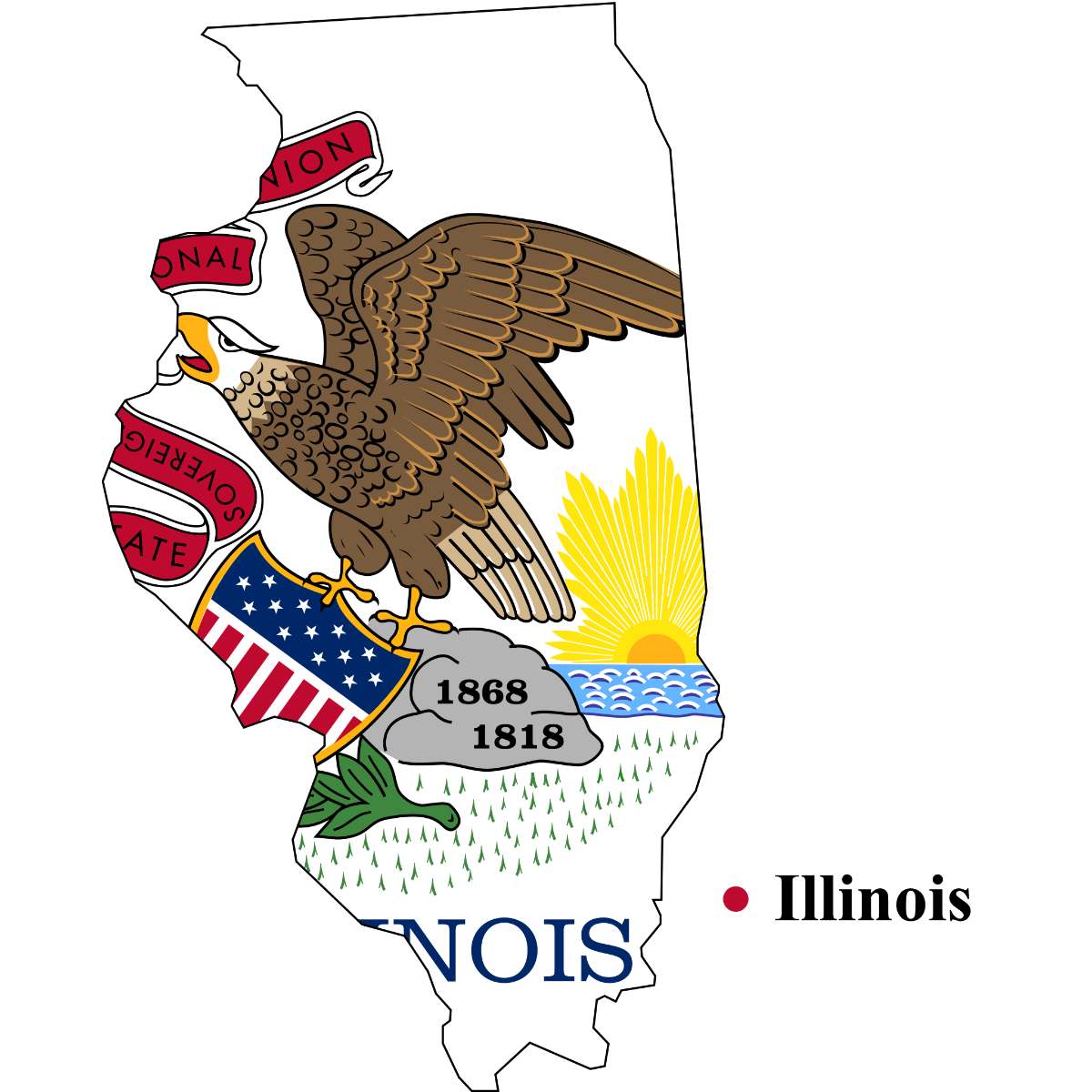 Illinois State map cutout with Illinois flag superimposed