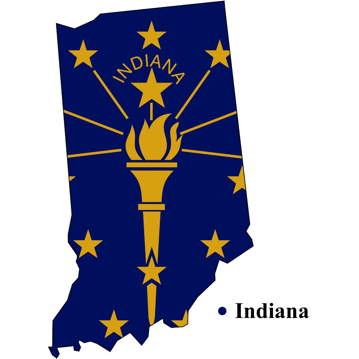 Indiana State map cutout with Indiana flag superimposed