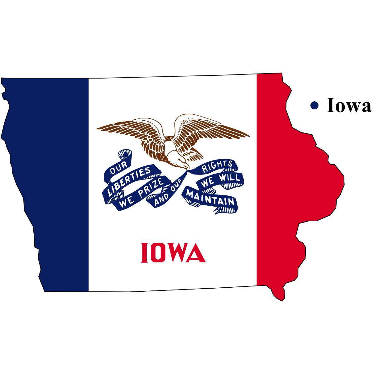 Iowa State map cutout with Iowa flag superimposed