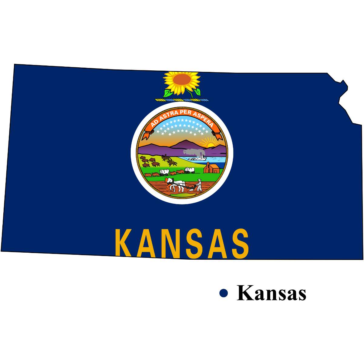Kansas State map cutout with Kansas flag superimposed