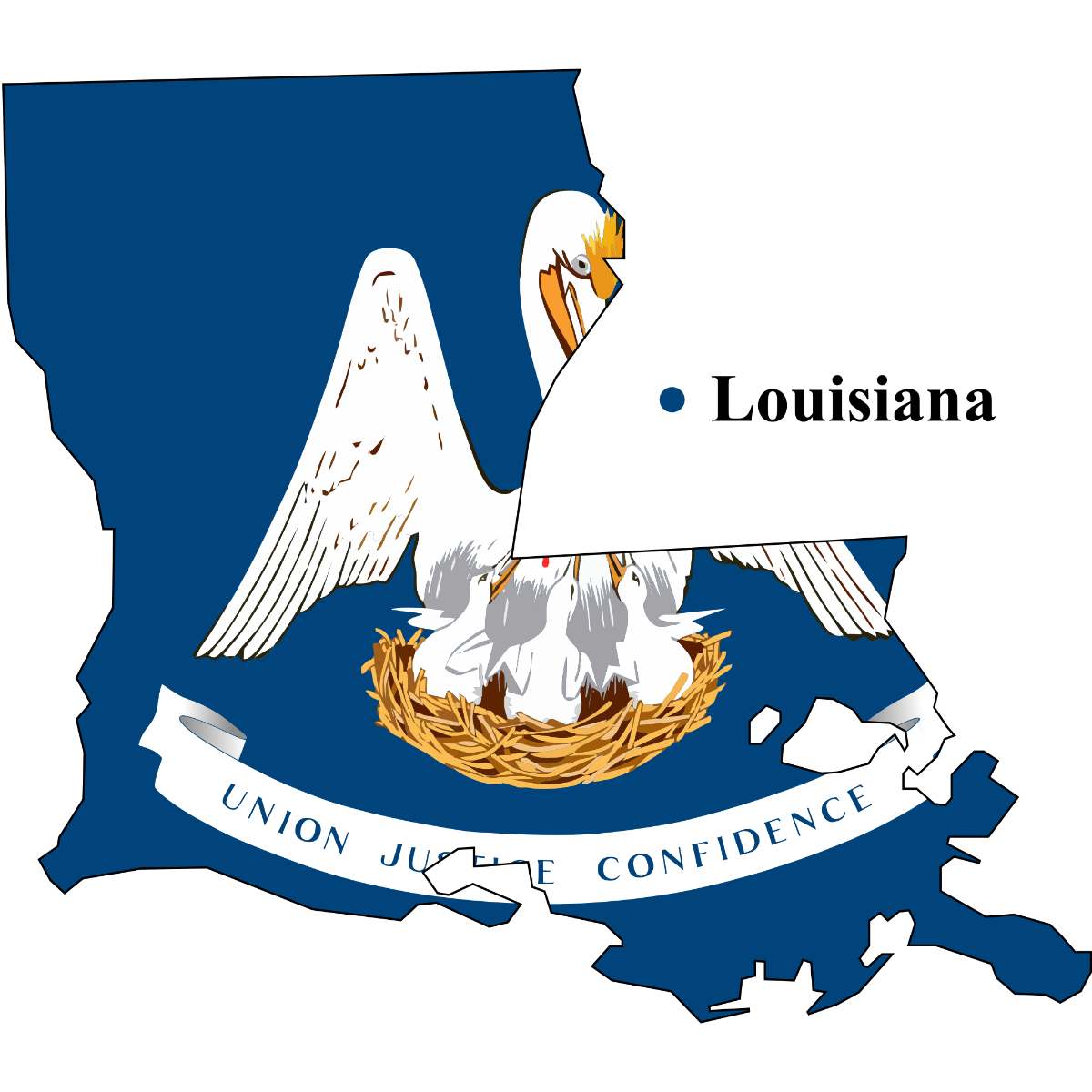 Louisiana State map cutout with Louisiana flag superimposed