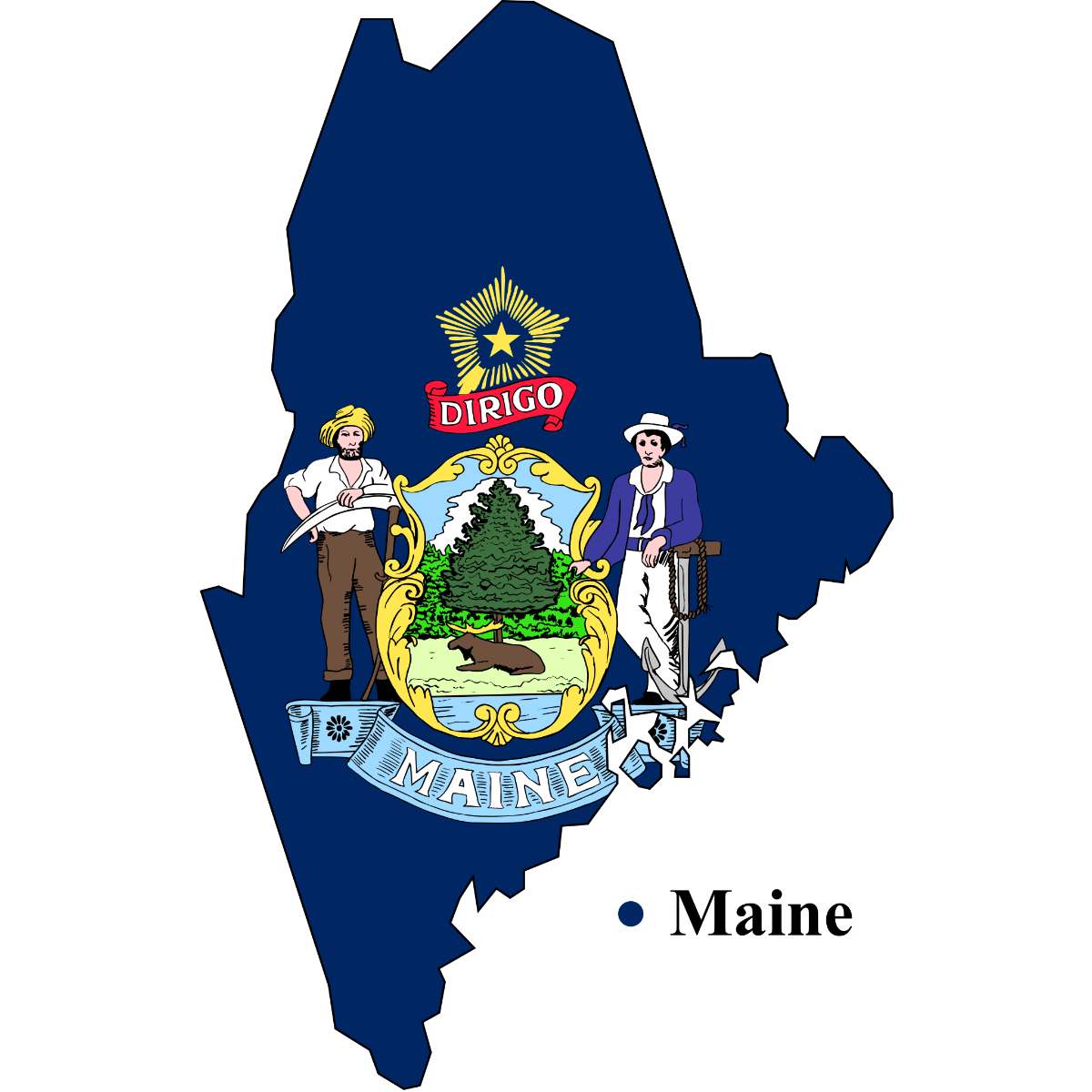 Maine State map cutout with Maine flag superimposed