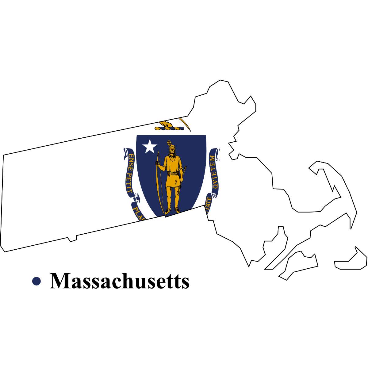 Massachusetts State map cutout with Massachusetts flag superimposed
