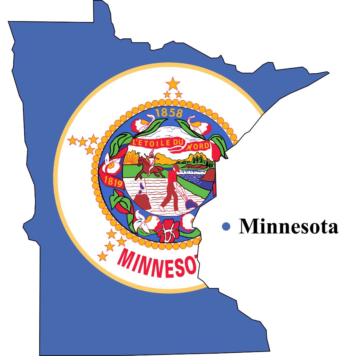 Minnesota State map cutout with Minnesota flag superimposed