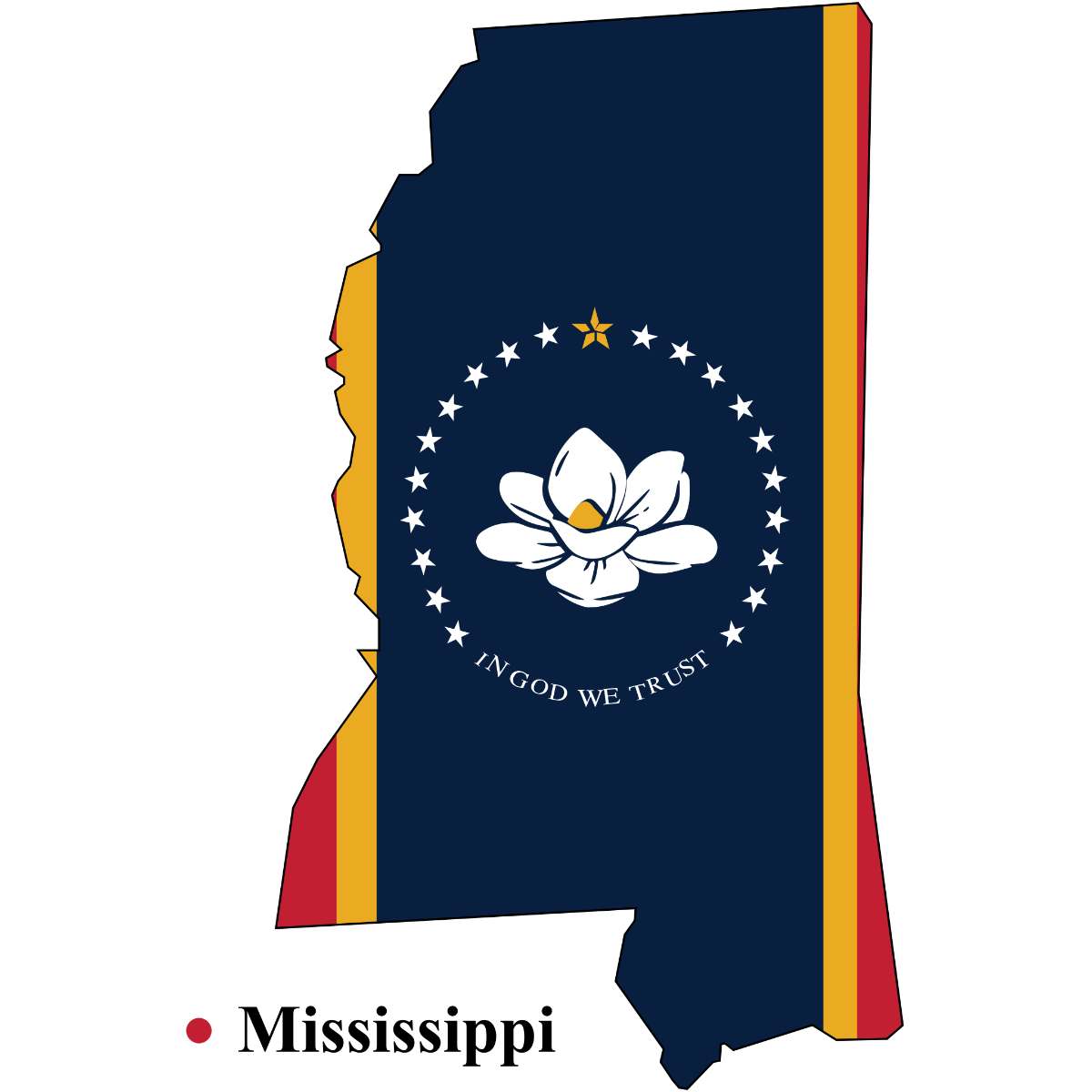 Mississippi State map cutout with Mississippi flag superimposed