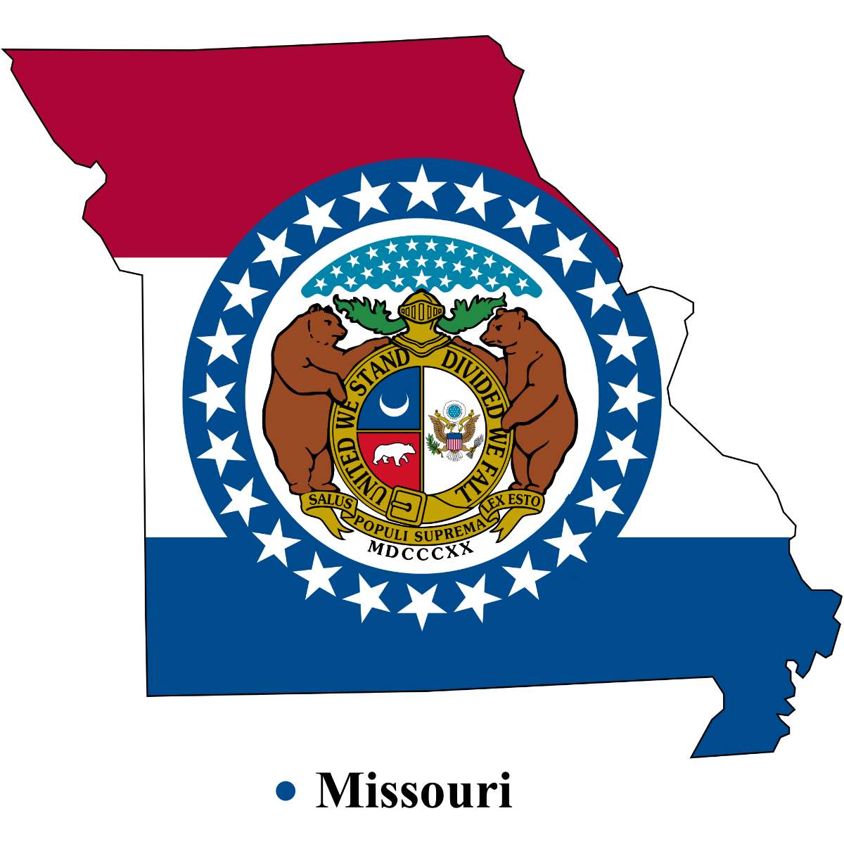 Missouri State map cutout with Missouri flag superimposed