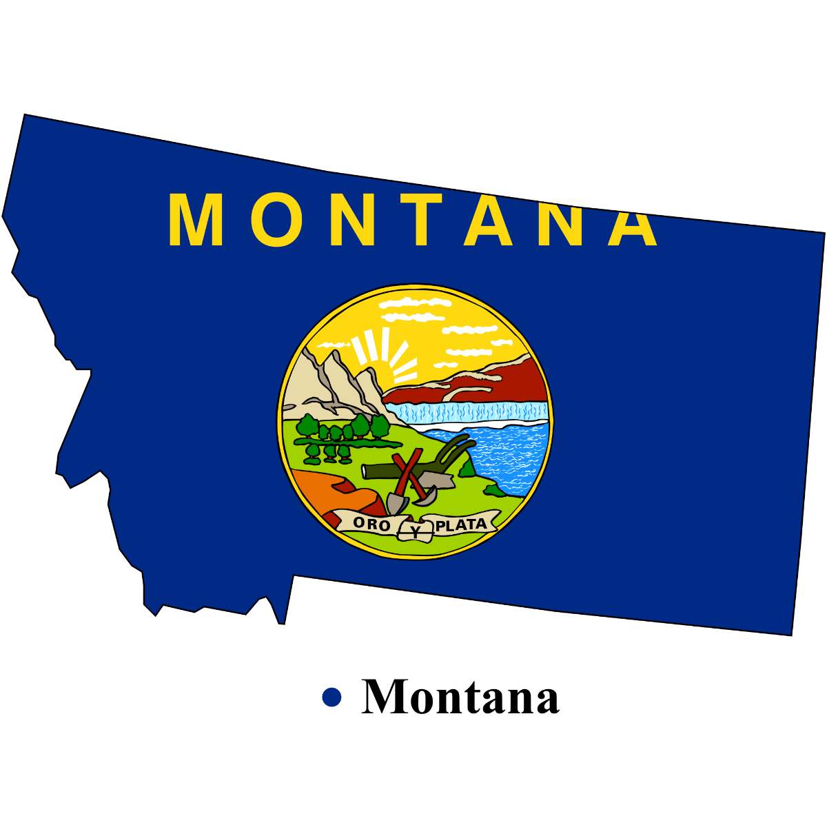 Montana State map cutout with Montana flag superimposed