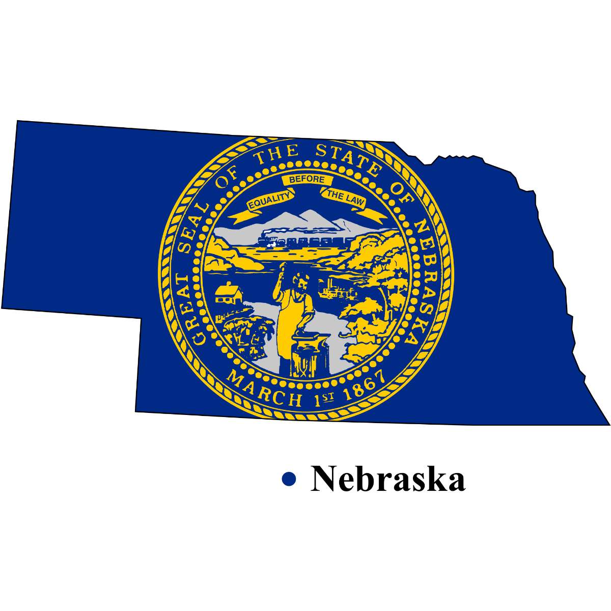 Nebraska State map cutout with Nebraska flag superimposed
