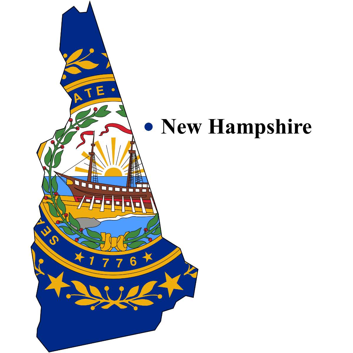New Hampshire State map cutout with New Hampshire flag superimposed