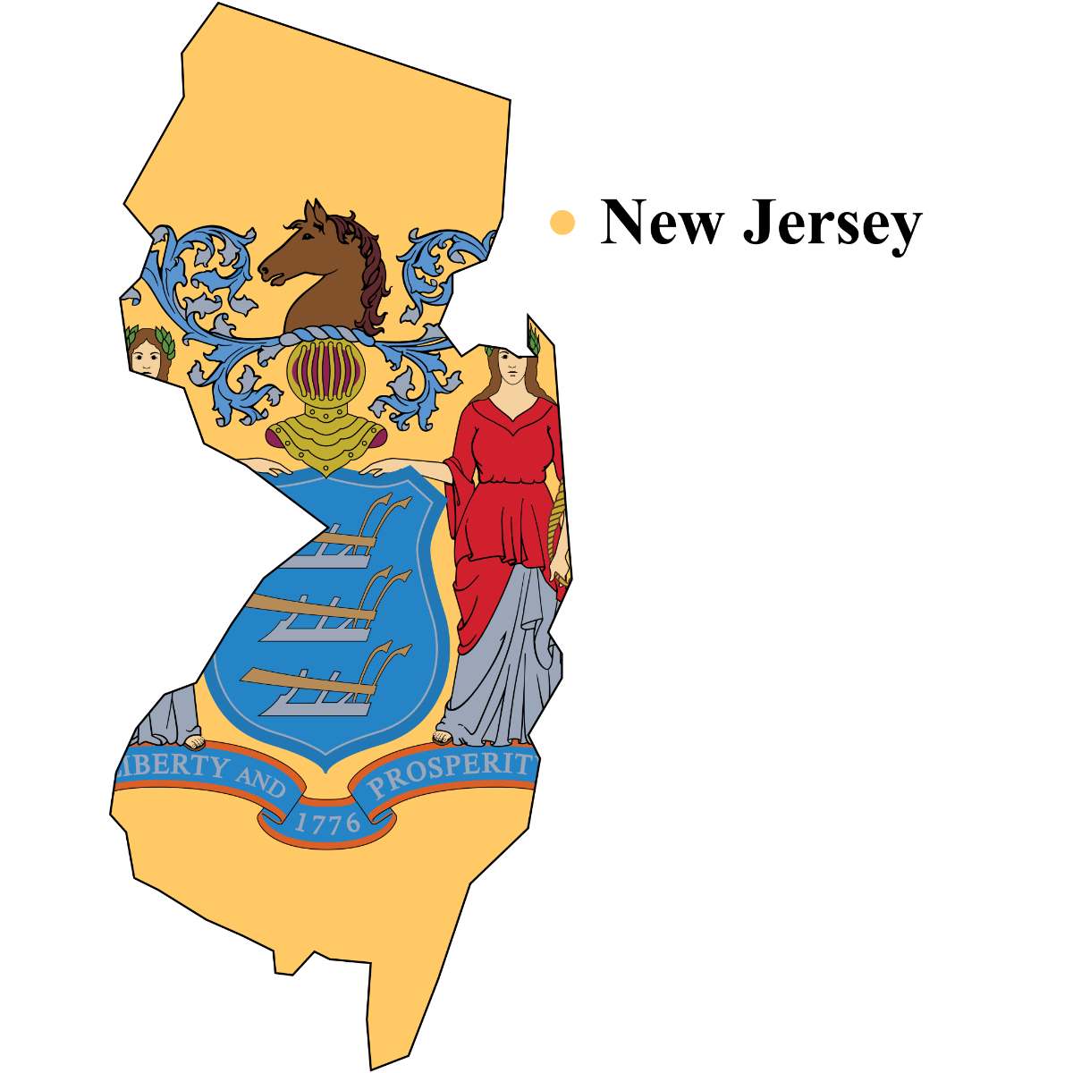 New Jersey State map cutout with New Jersey flag superimposed