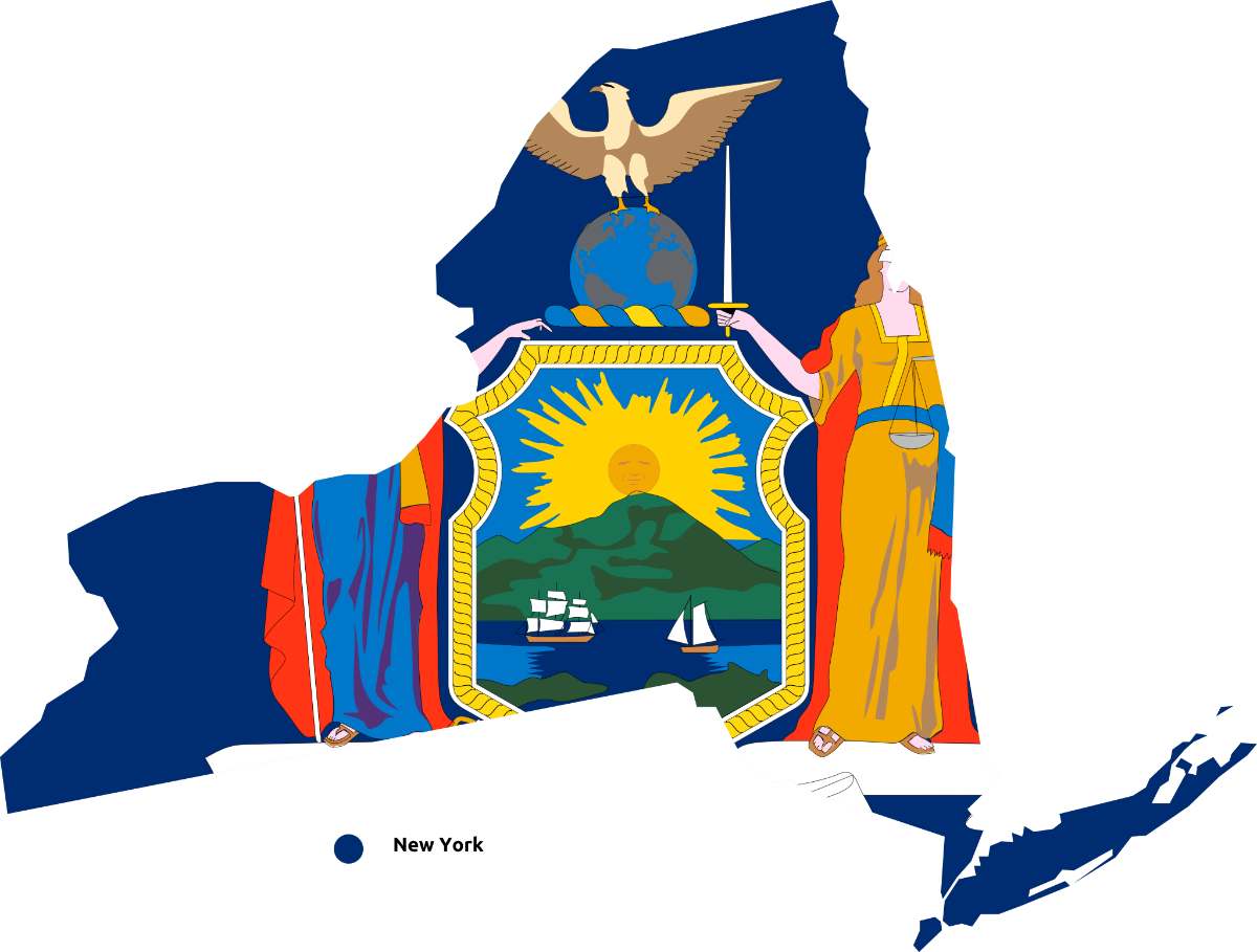 New York State map cutout with New York flag superimposed