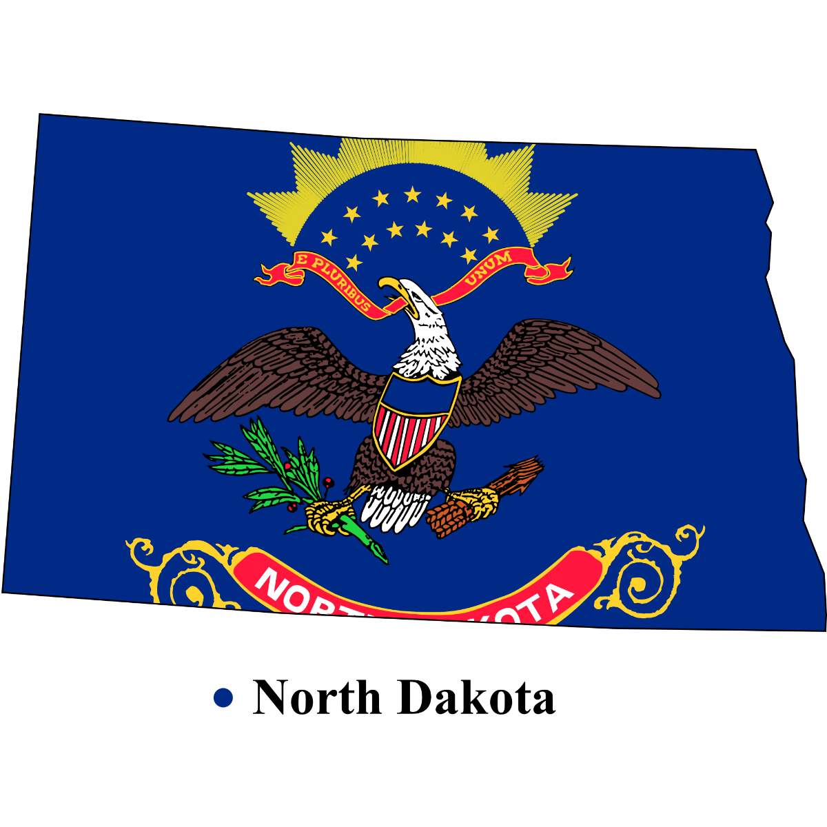 North Dakota State map cutout with North Dakota flag superimposed