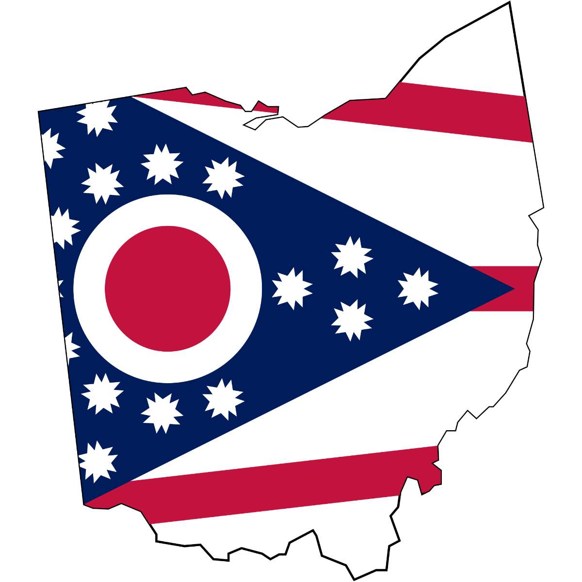Ohio State map cutout with Ohio flag superimposed