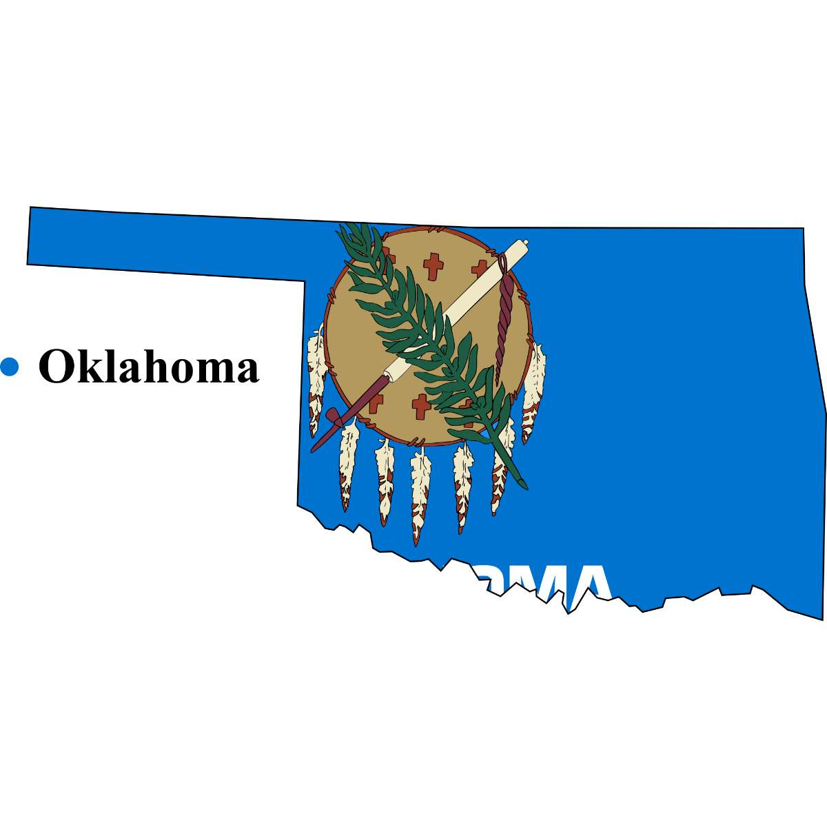 Oklahoma State map cutout with Oklahoma flag superimposed