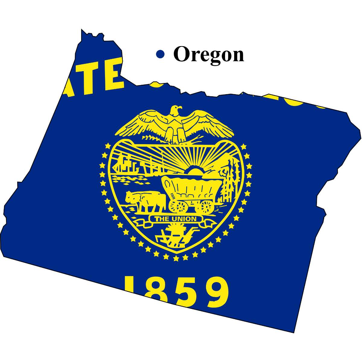 Oregon State map cutout with Oregon flag superimposed