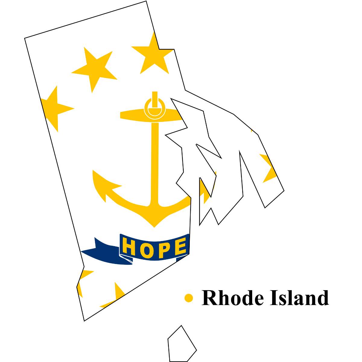 Rhode Island State map cutout with Rhode Island flag superimposed