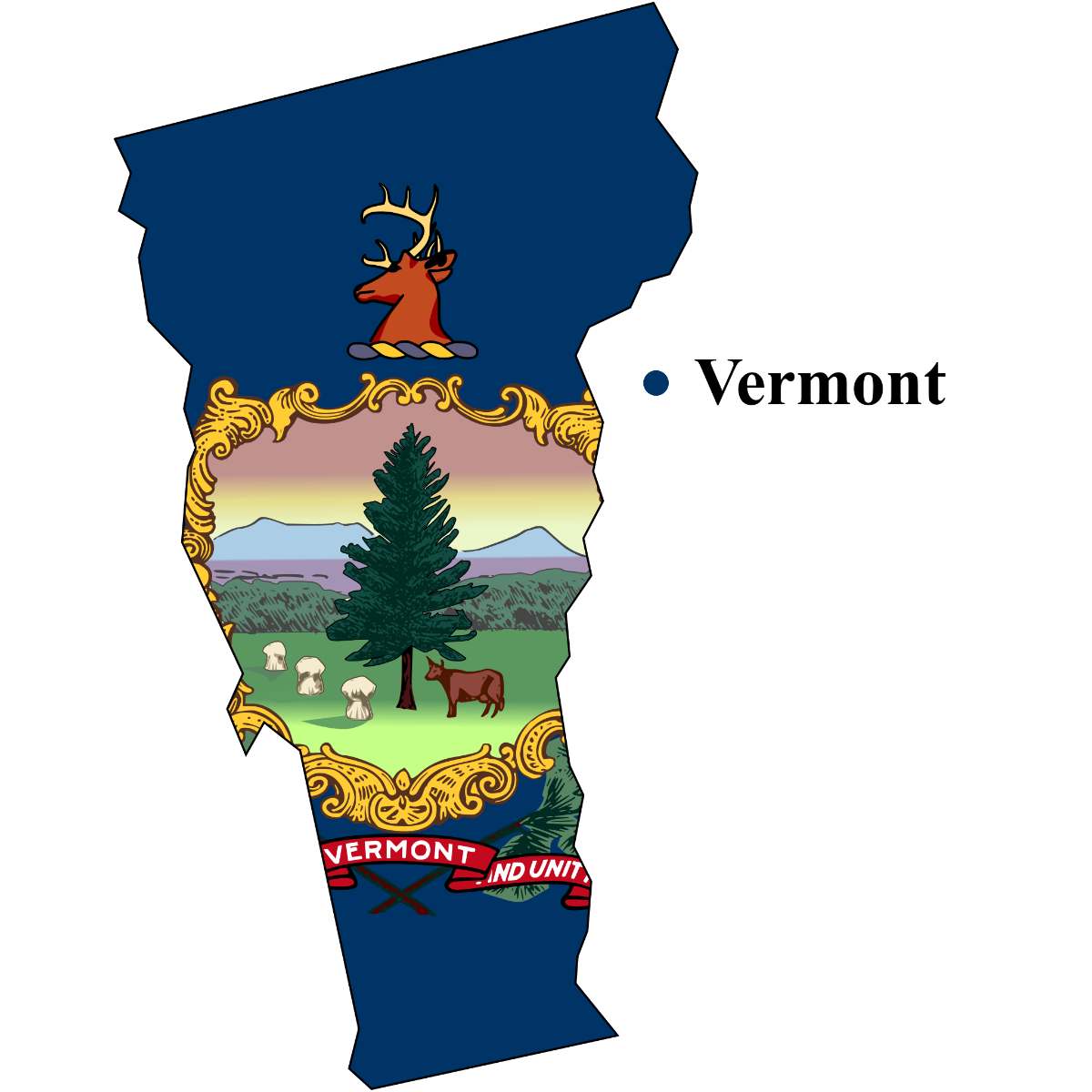 Vermont State map cutout with Vermont flag superimposed