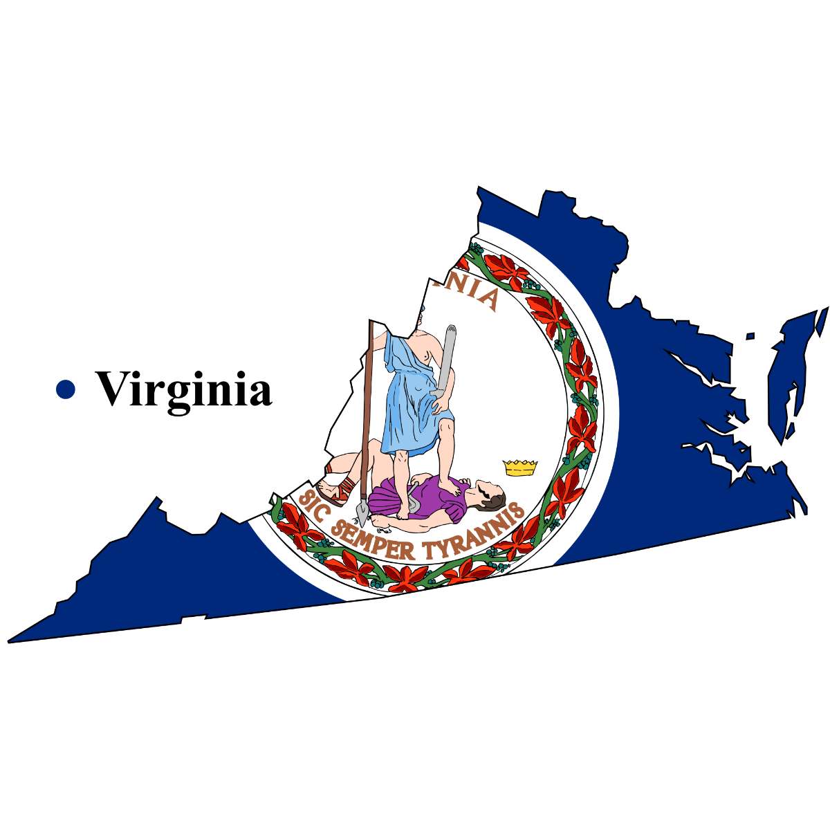 Virginia State map cutout with Virginia flag superimposed