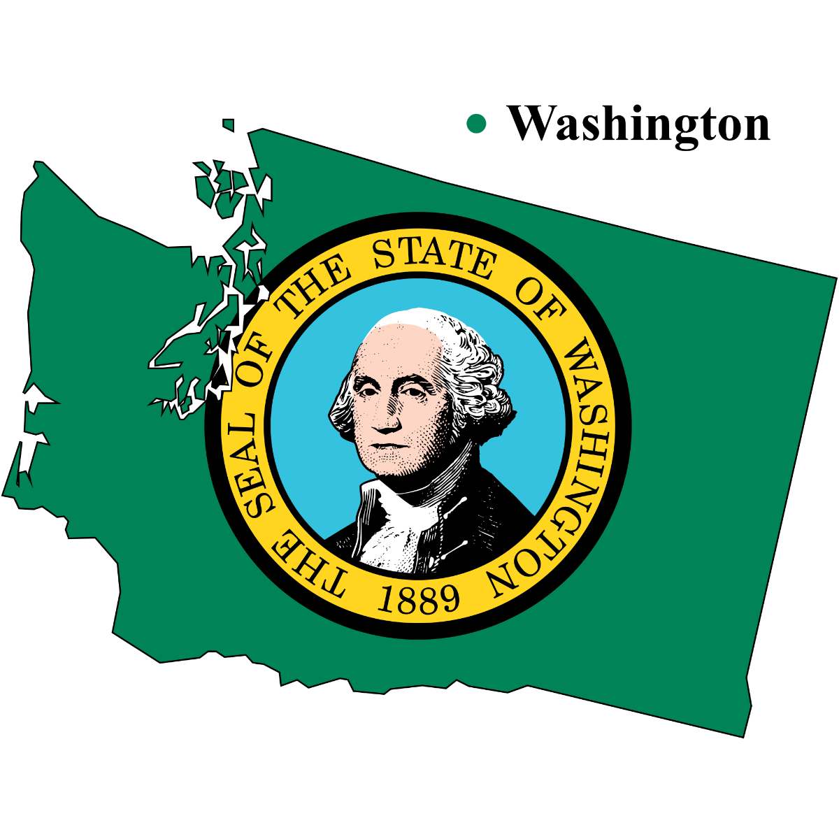 Washington State map cutout with Washington flag superimposed