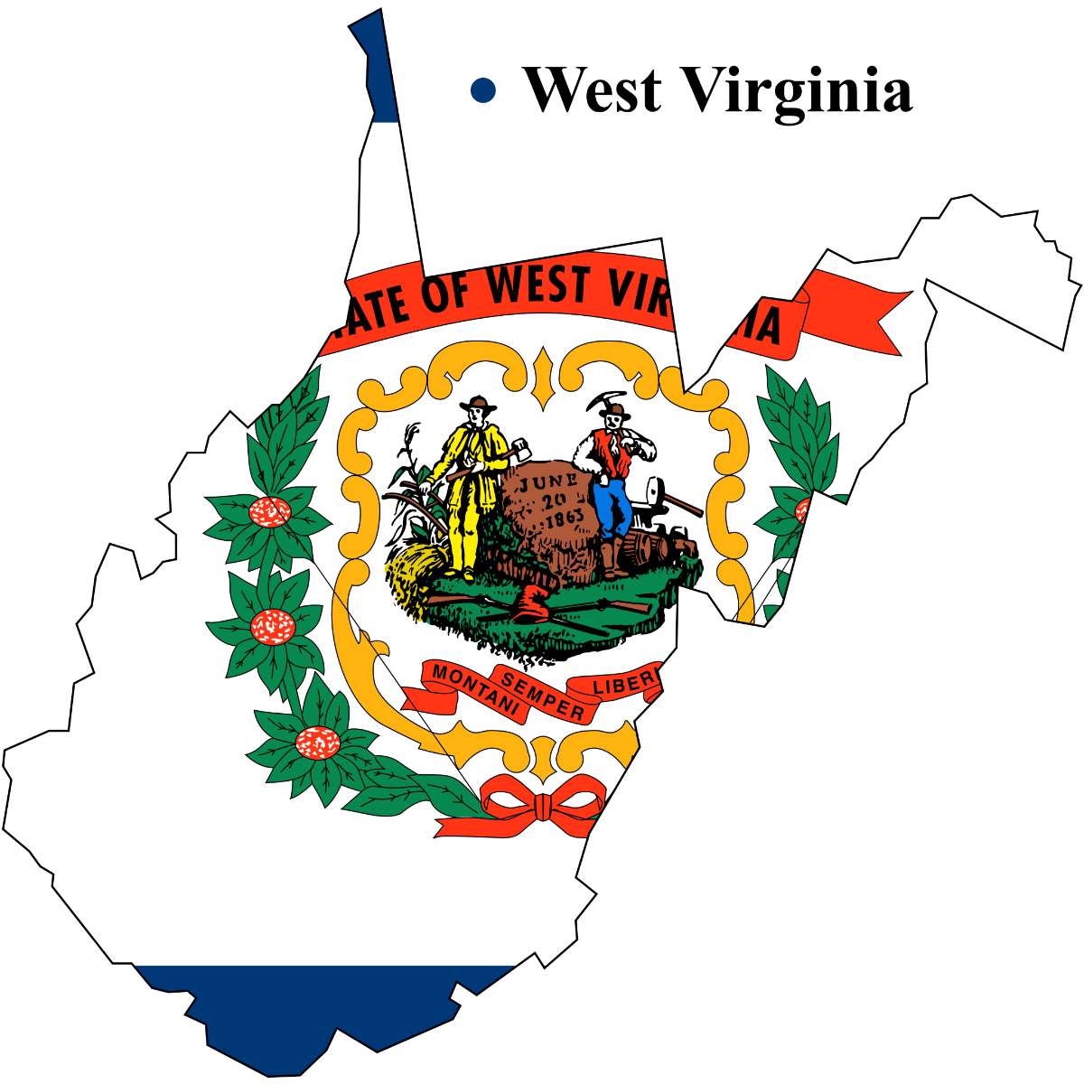 West Virginia State map cutout with West Virginia flag superimposed