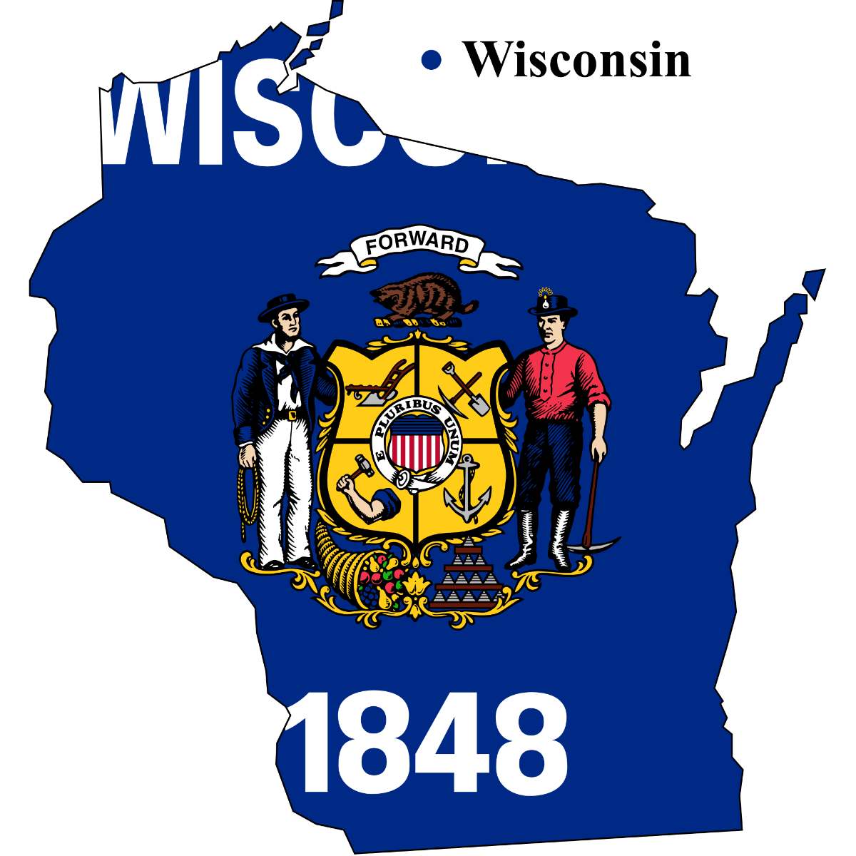 Wisconsin State map cutout with Wisconsin flag superimposed