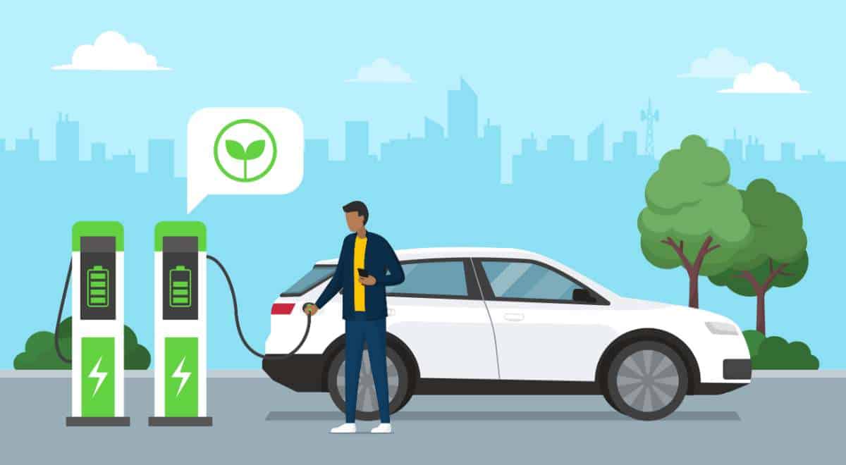 vector image man recharging electric car at charging station