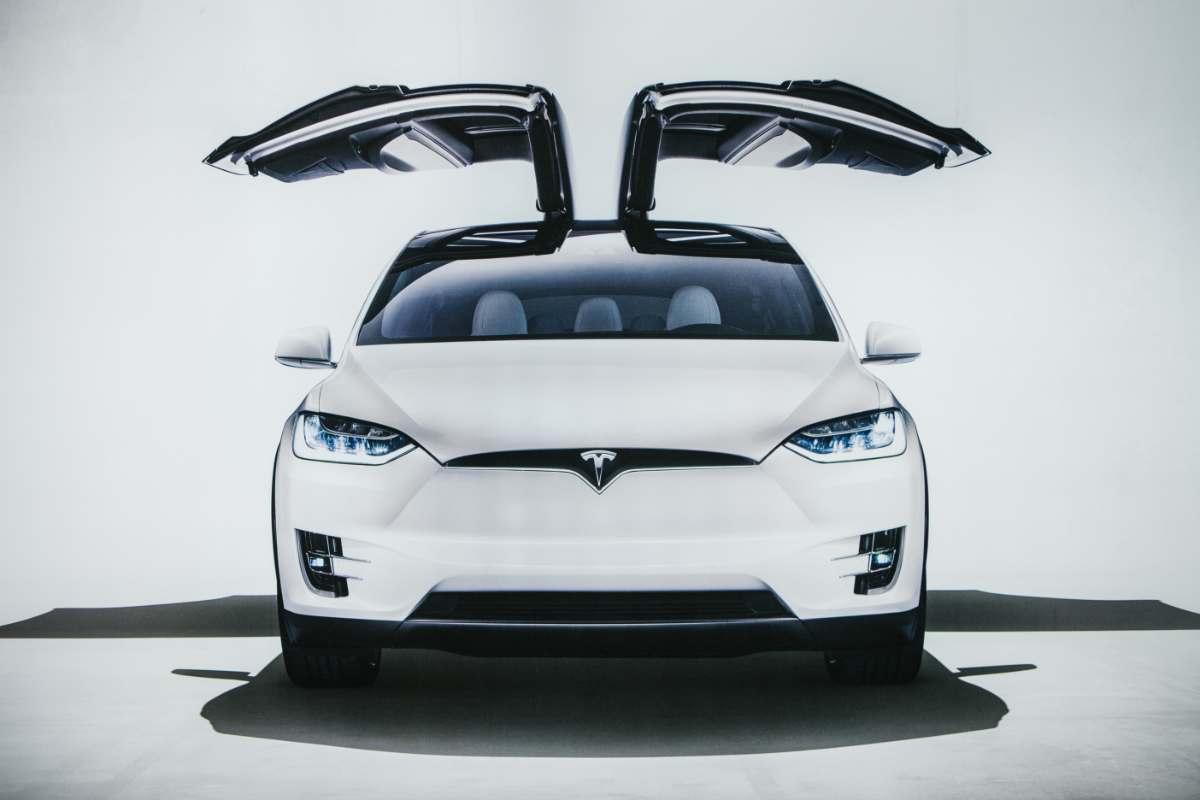 tesla model x at motor show with doors up