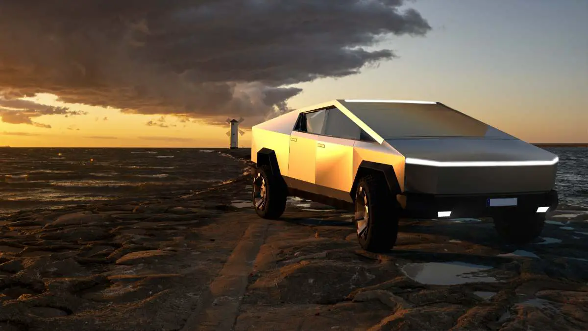 Tesla Cybertruck blended into a seaside landscape during a dramatic sunset
