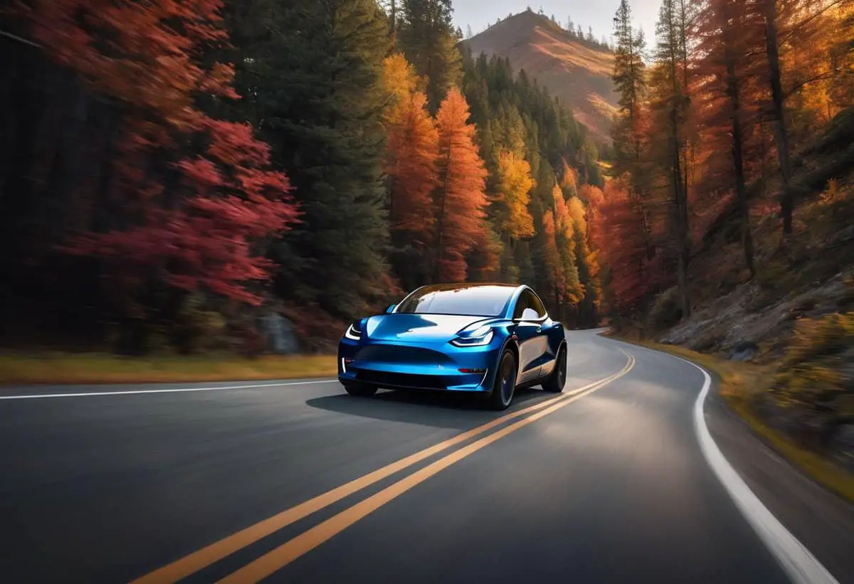 a tesla car driving in a forest region
