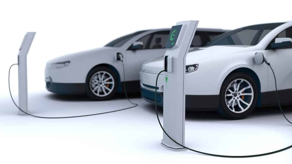 3D render of two electric cars being charged at roadside chargers