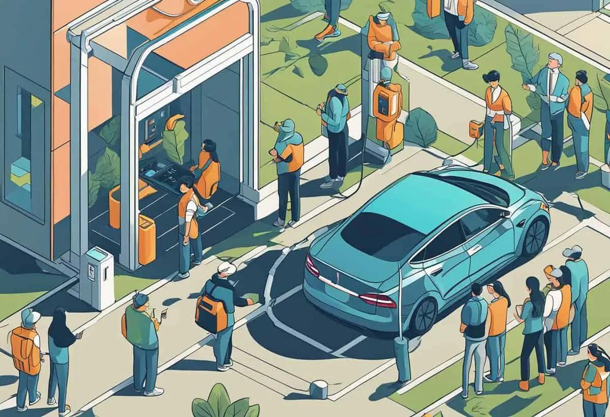 an isometric image of a blue tesla electric car at a charging station wtih plenty of people standing around it