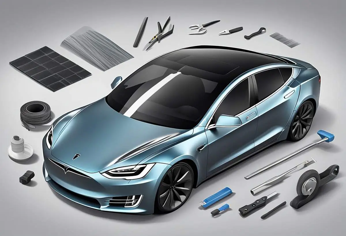 an illustration of a tesla prepared to be wrapped showing all the tools and materials required for the job