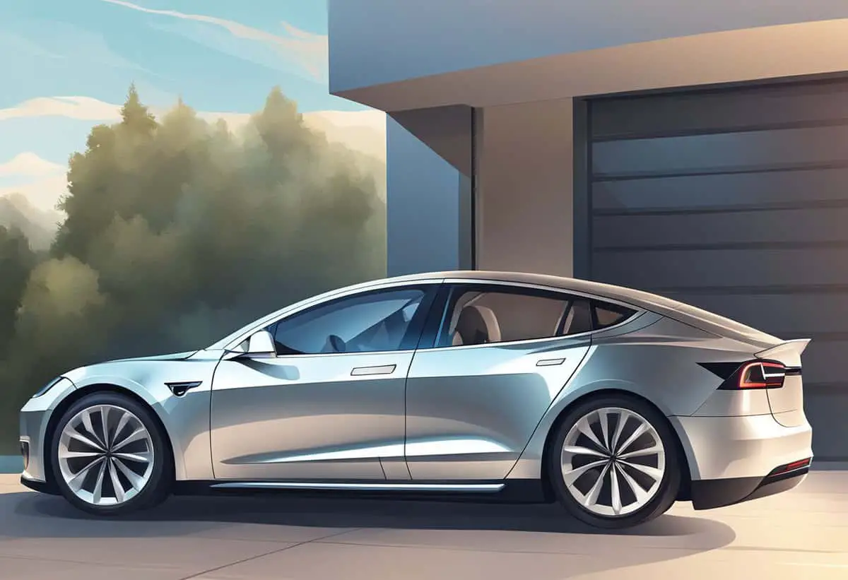 an illustration of a metallic silver tesla electric car parked in front of a house