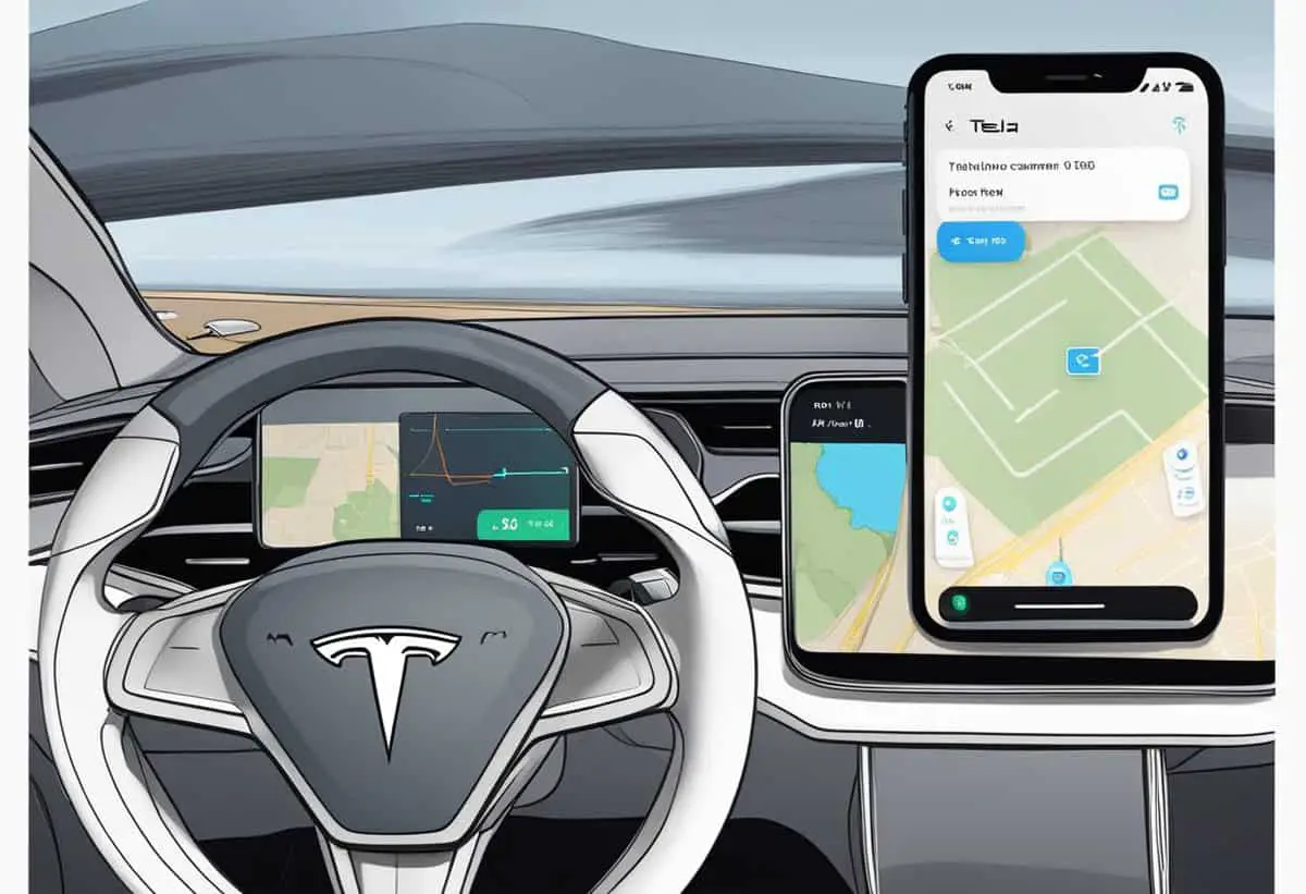A Tesla car with a live camera feature displayed on the dashboard screen, with an iPhone nearby showing an error message indicating that the live camera is not working